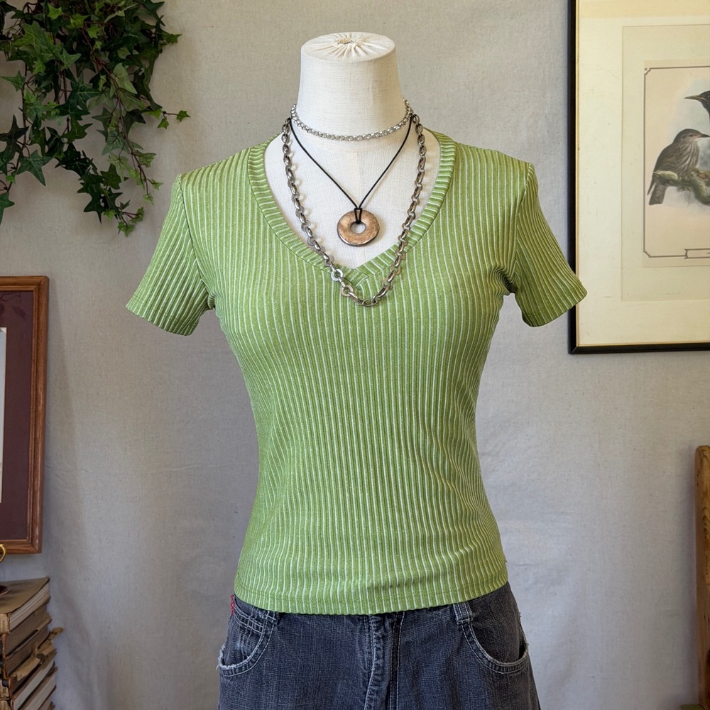 Green Ribbed V Neck Baby Tee Gorpcore Indie Vintage Small 90s Indie Grunge